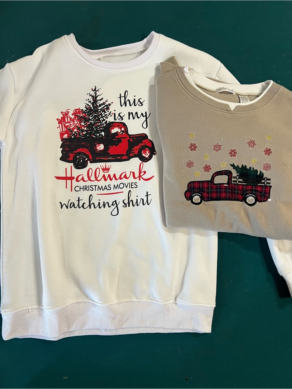 Lot of 2 Red Truck Holiday Sweaters. Cozy and fun. Hallmark. Mom 2 for 1 price.